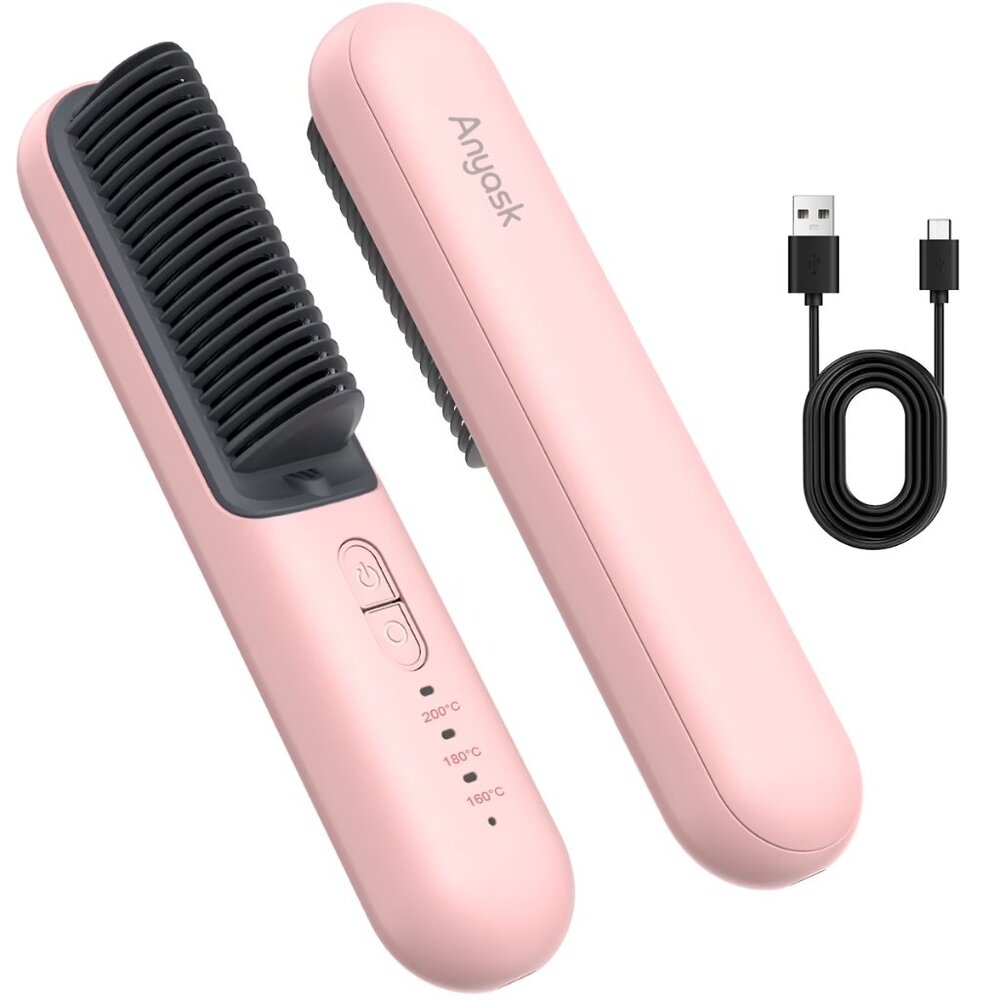 ANYASK - 2 in 1 Pink Cordless Hair Straightener/Comb Combo with USB-C Cable